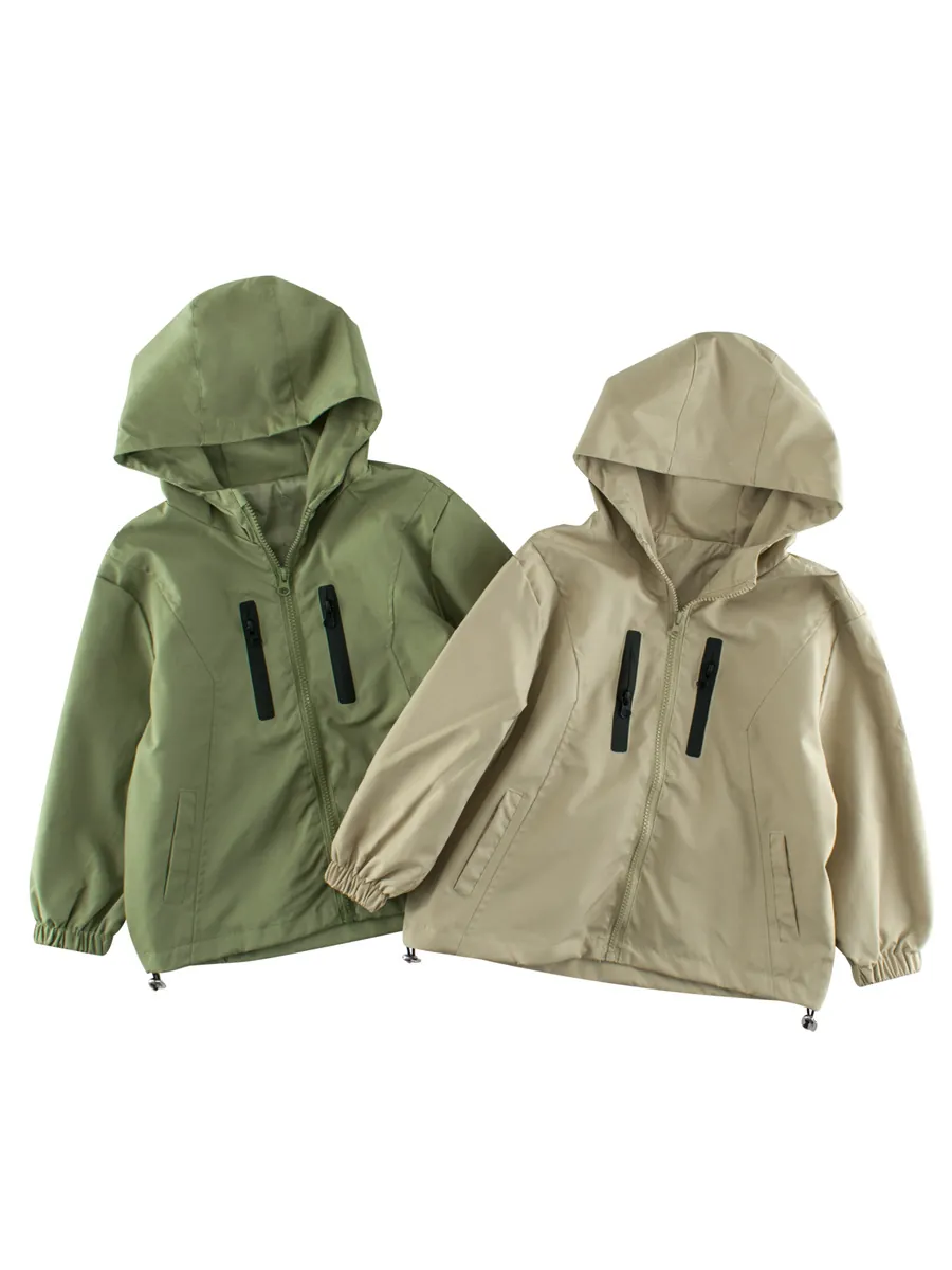 Boys Hooded Windproof Jacket Polyester Zip Up Casual Outerwear Sporty Coat With Multiple Pockets Fashionable