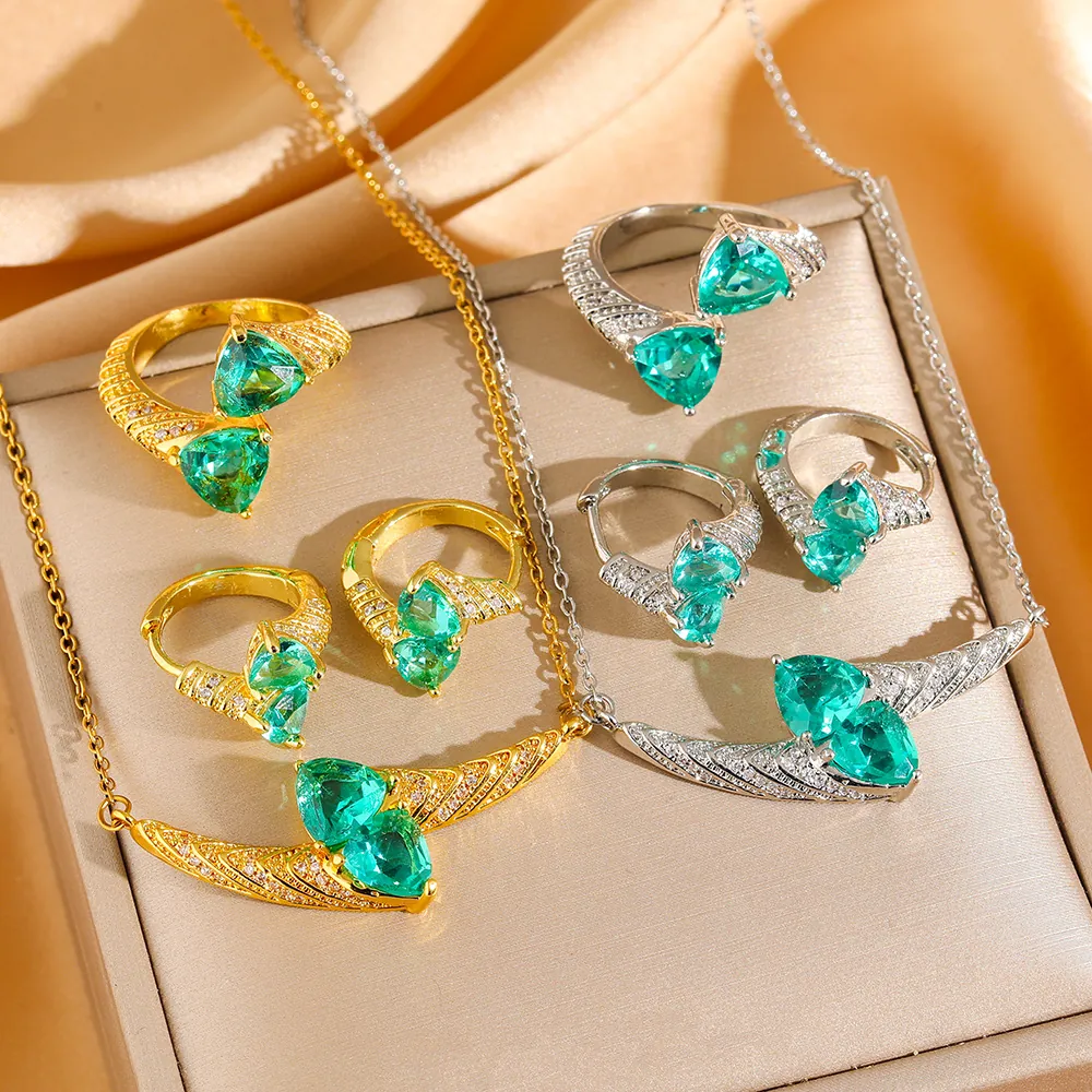 Vintage Luxury Jewelry For Women Stainless Steel Green Zircon Triangle Pear Stone Necklace And Earrings And Ring