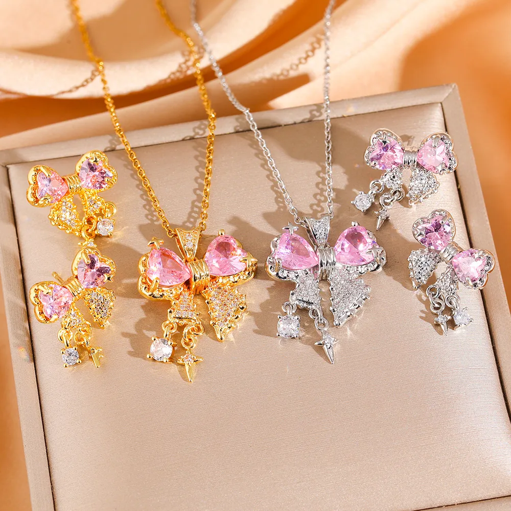 Collana E Orecchini Fiocco Gioielli Acciaio Al Titanio Cuore Rosa Zircone Frangia Stella Nappa Elegante Donne Regalo