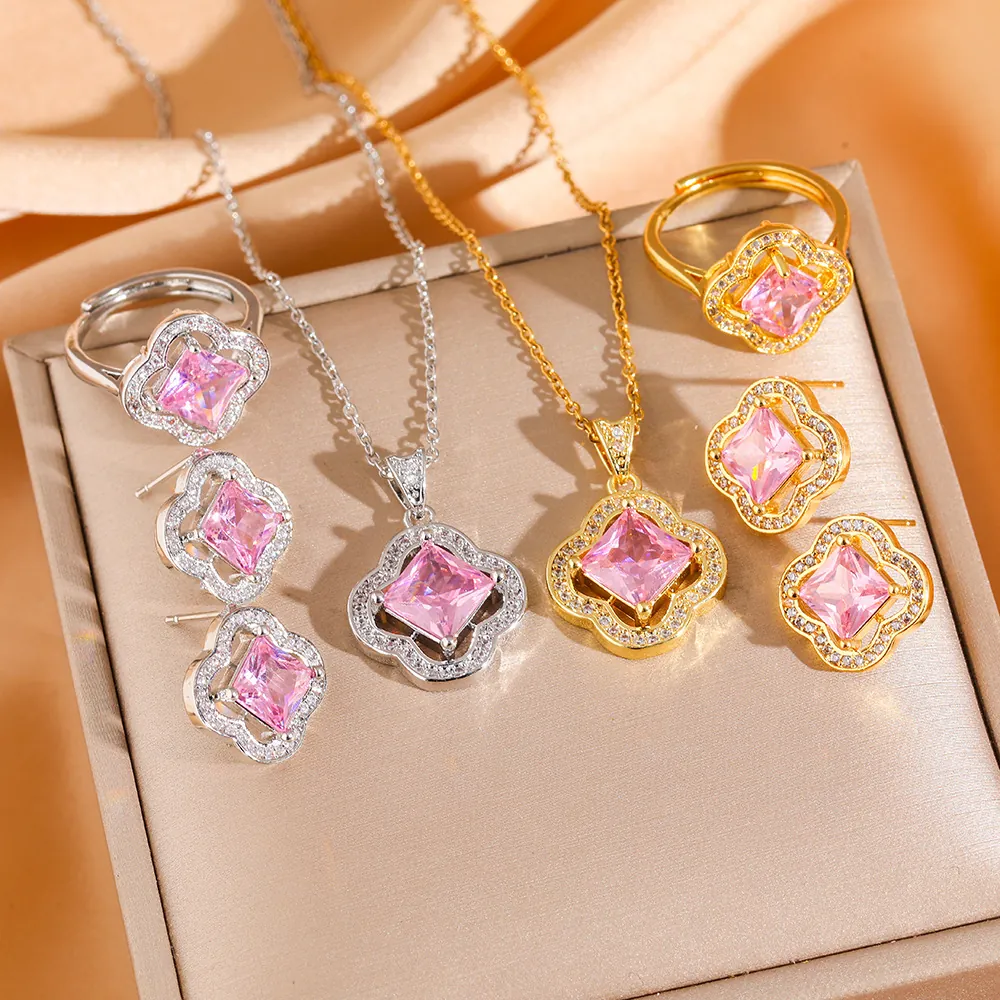 Clover Jewelry Necklace Earrings Ring Titanium Steel Pink Cubic Zirconia Rhinestone Elegant Women Accessories