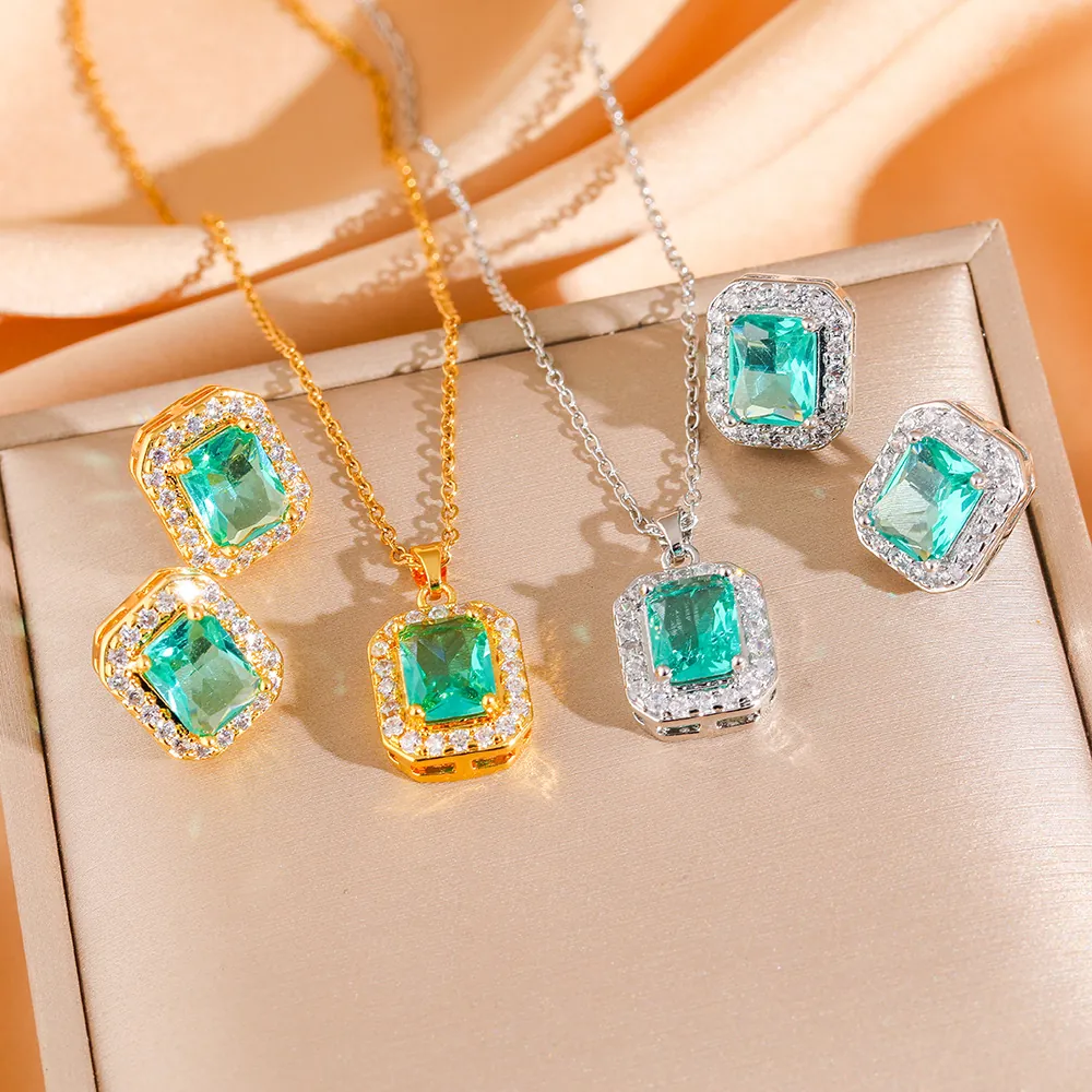 Collana E Orecchini Con Gemma Verde Taglio Smeraldo Vintage Quadrato Zircone Halo Gioielli In Acciaio Al Titanio