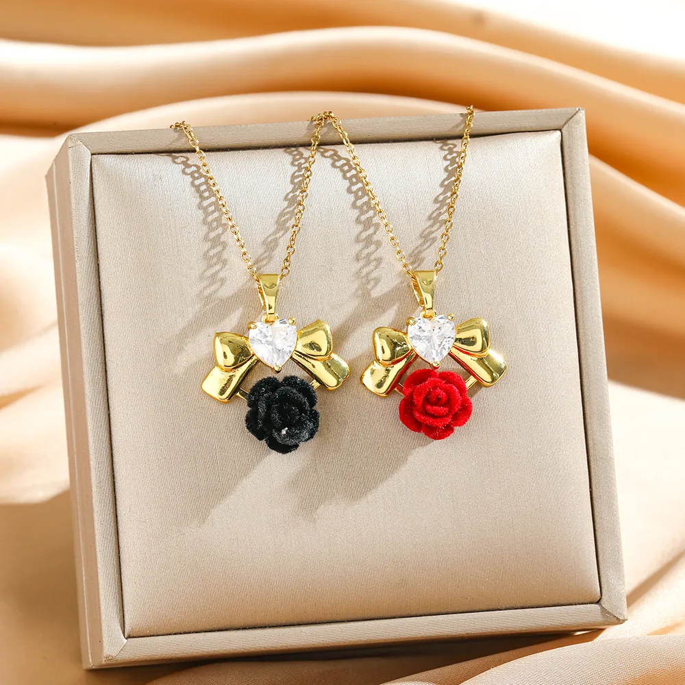 Anhänger Halskette Vergoldetes Kupfer Herz Zirkonia Schleife Beflockte Rose Französischer Retro Stil Elegant Für Damen