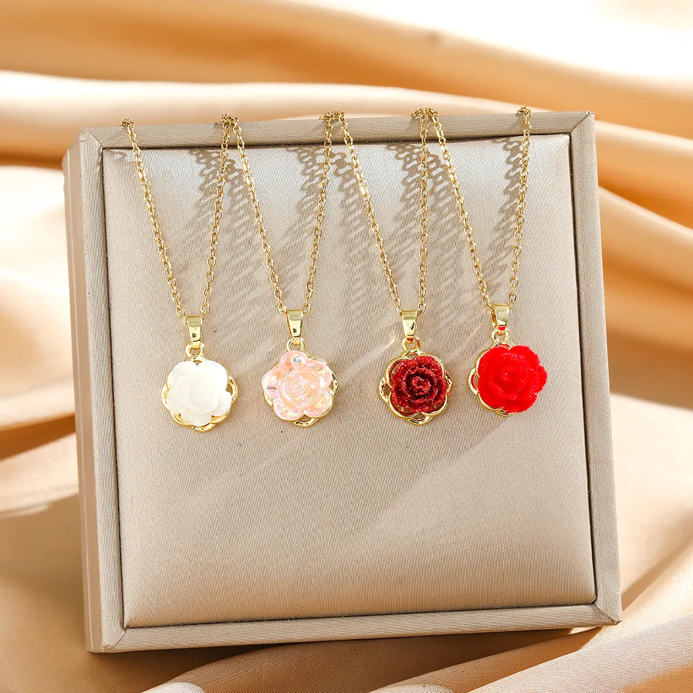 Rose Blume Schlüsselbein Anhänger Halskette Titanstahl Kupfer Zirkon Romantisch Französisch Stil Schmuck Geschenk Frauen
