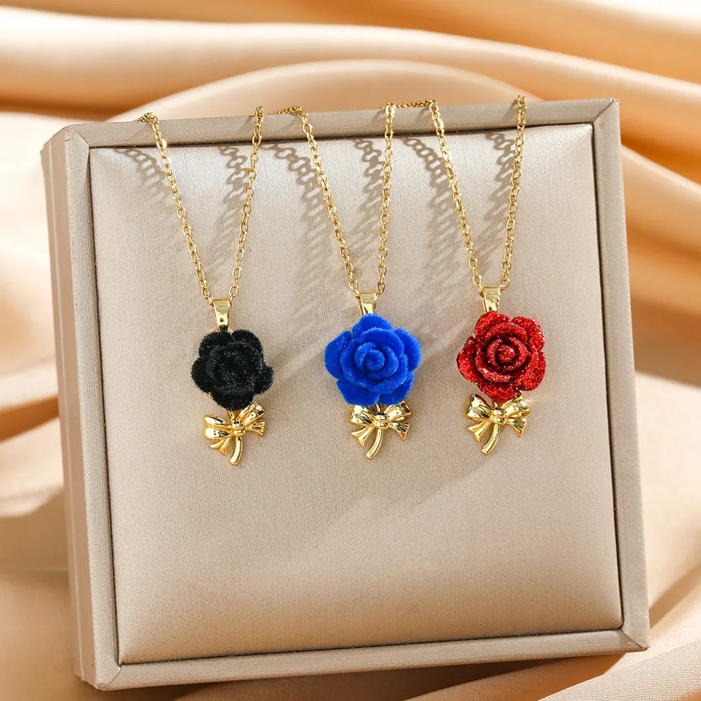 Rose Flower Pendant Necklace Titanium Steel Chain With Gold Plated Bow And Zircon For Women Elegant Floral Jewelry