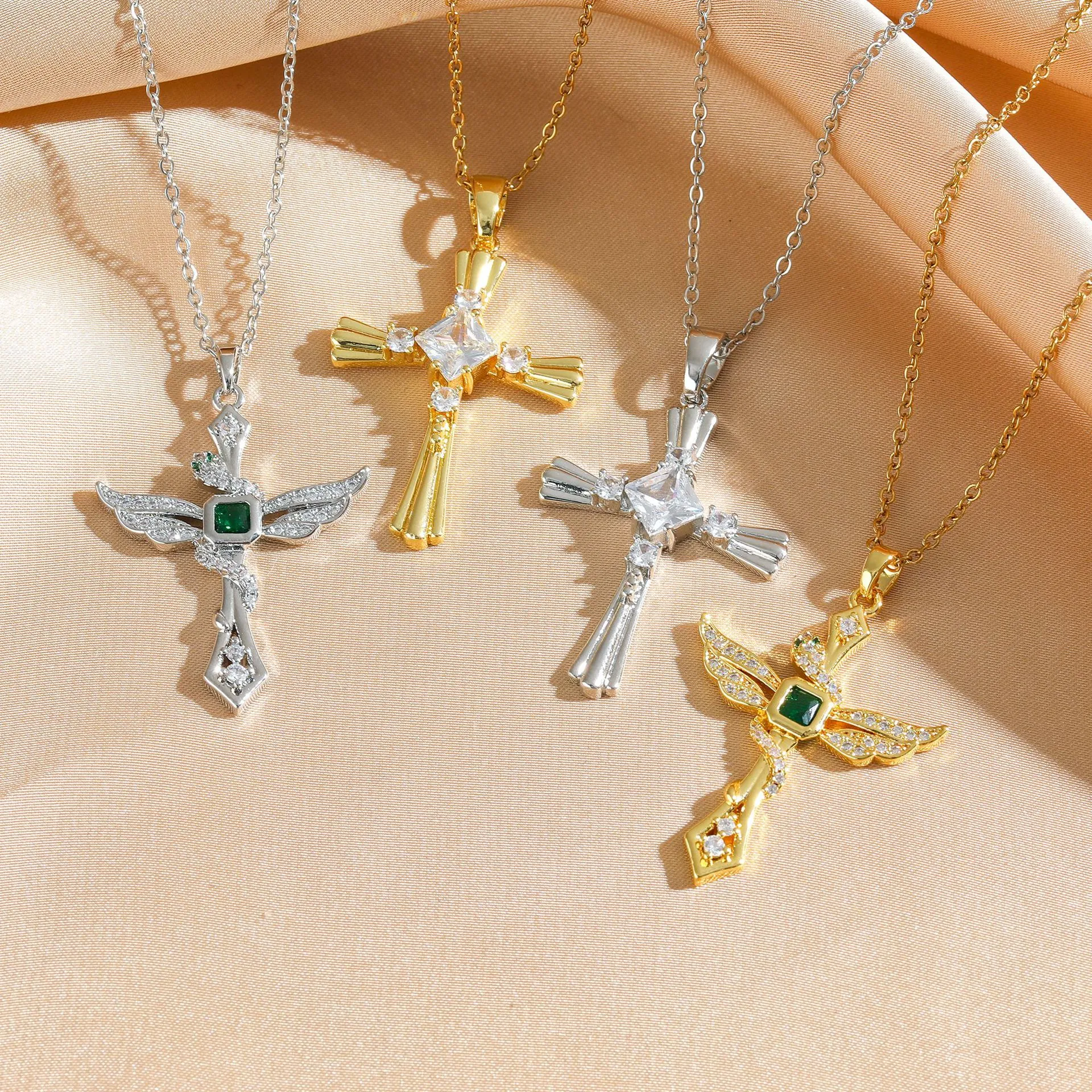 Cross Pendant Necklace Titanium Steel Cubic Zirconia Snake Wrapped Wing Design Gold Plated Elegant Jewelry Women