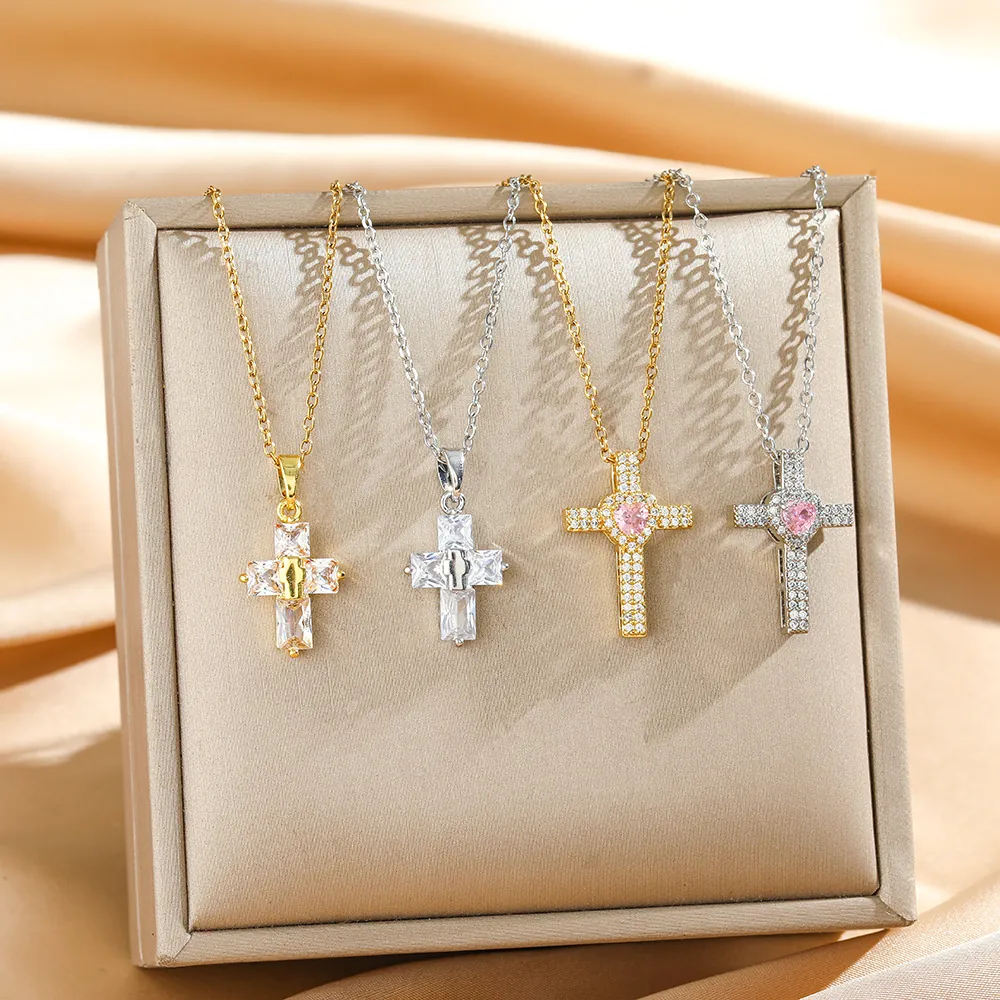 Kreuz Anhänger Halskette Titanstahl Rosa Herz Zirkon Straß Eingelegt Luxus Mode Schmuck Für Damen