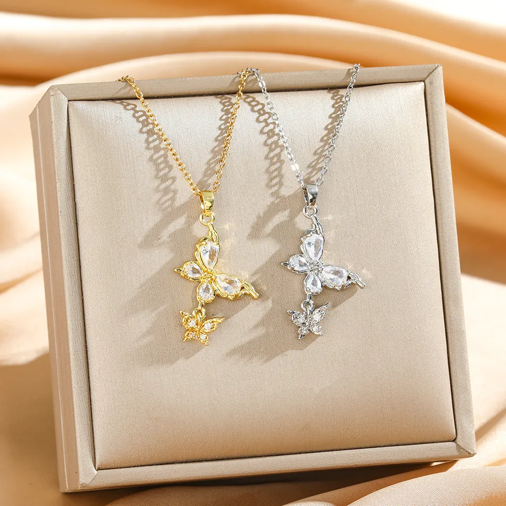 Collier Pendentif Double Papillon Pour Femmes Chaîne En Acier Titane Avec Zircone Cuivre Bijoux Élégants Quotidiens