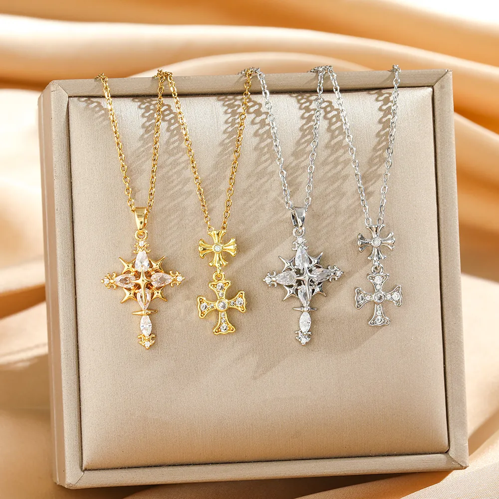 Elegant Cross Pendant Necklace Sparkly Cubic Zirconia Copper Starburst Layered Clavicle Chain Daily Jewelry For Women