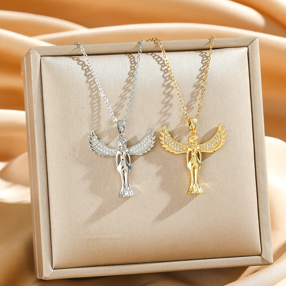 Collier Pendentif Ange En Acier Titane Avec Ailes En Zircon Plaqué Or Bijoux Élégants Pour Femmes
