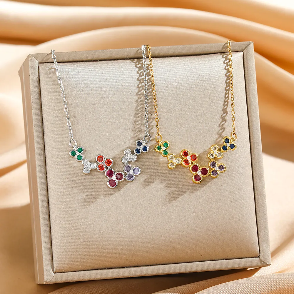 Flower Pendant Necklace Stainless Steel With Colorful Zircon Inlaid Copper Flower Elegant Jewelry For Women