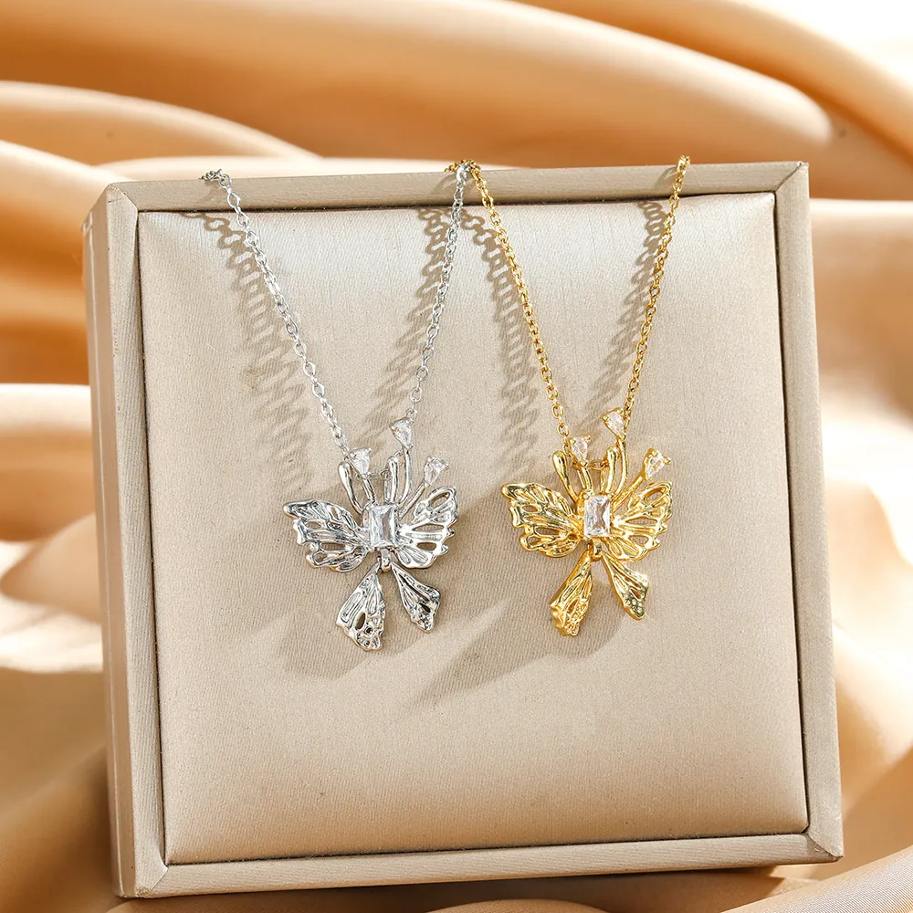 Schmetterling Anhänger Halskette Titanstahl Kette Kupfer Zirkon Hohle Flügel Zierlicher Schmuck Für Damen Luxus Mode
