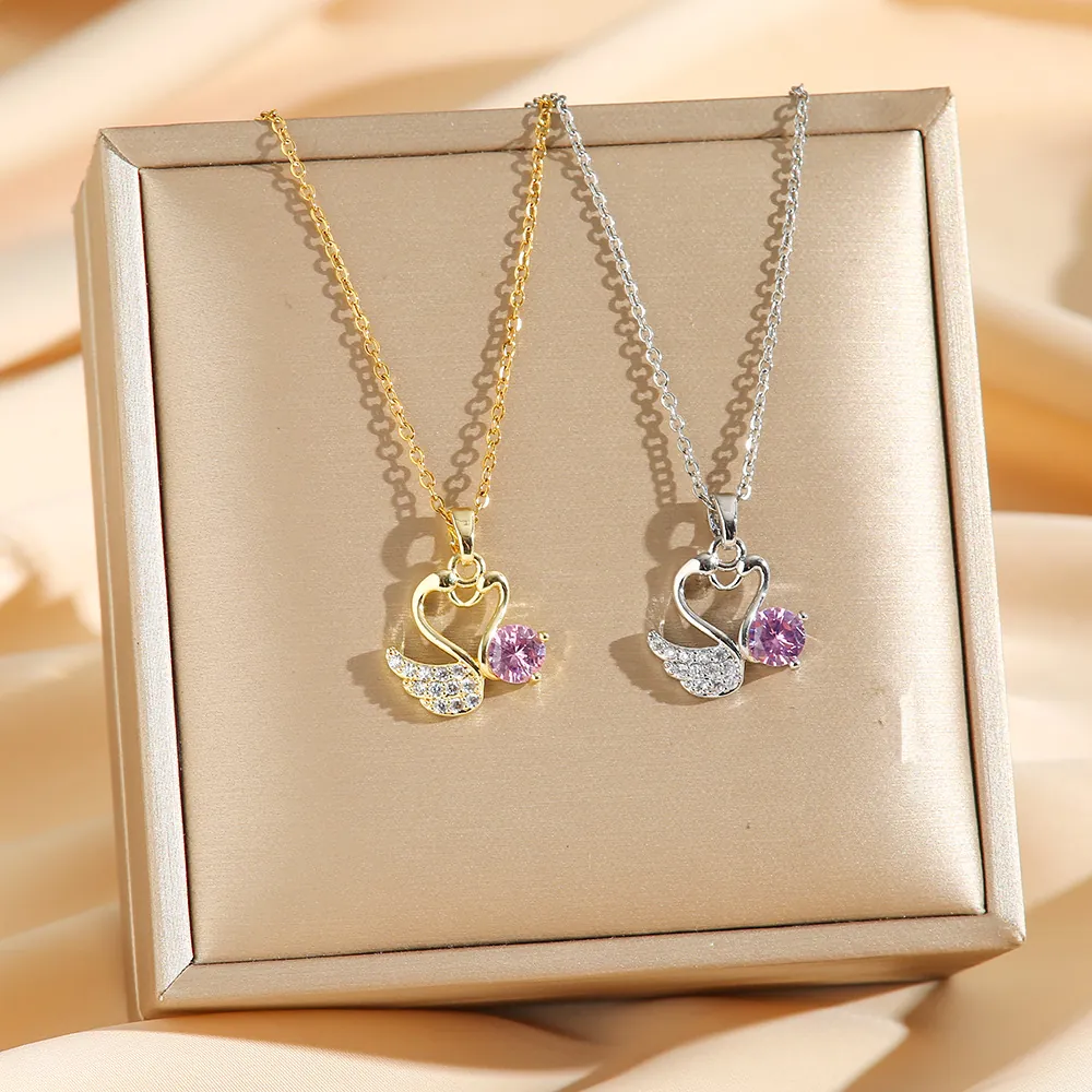 Collier Pendentif Cygne Coeur Acier Inoxydable Zircon Rose Micro Pavé Élégant Doux Chaîne De Clavicule Pour Femmes