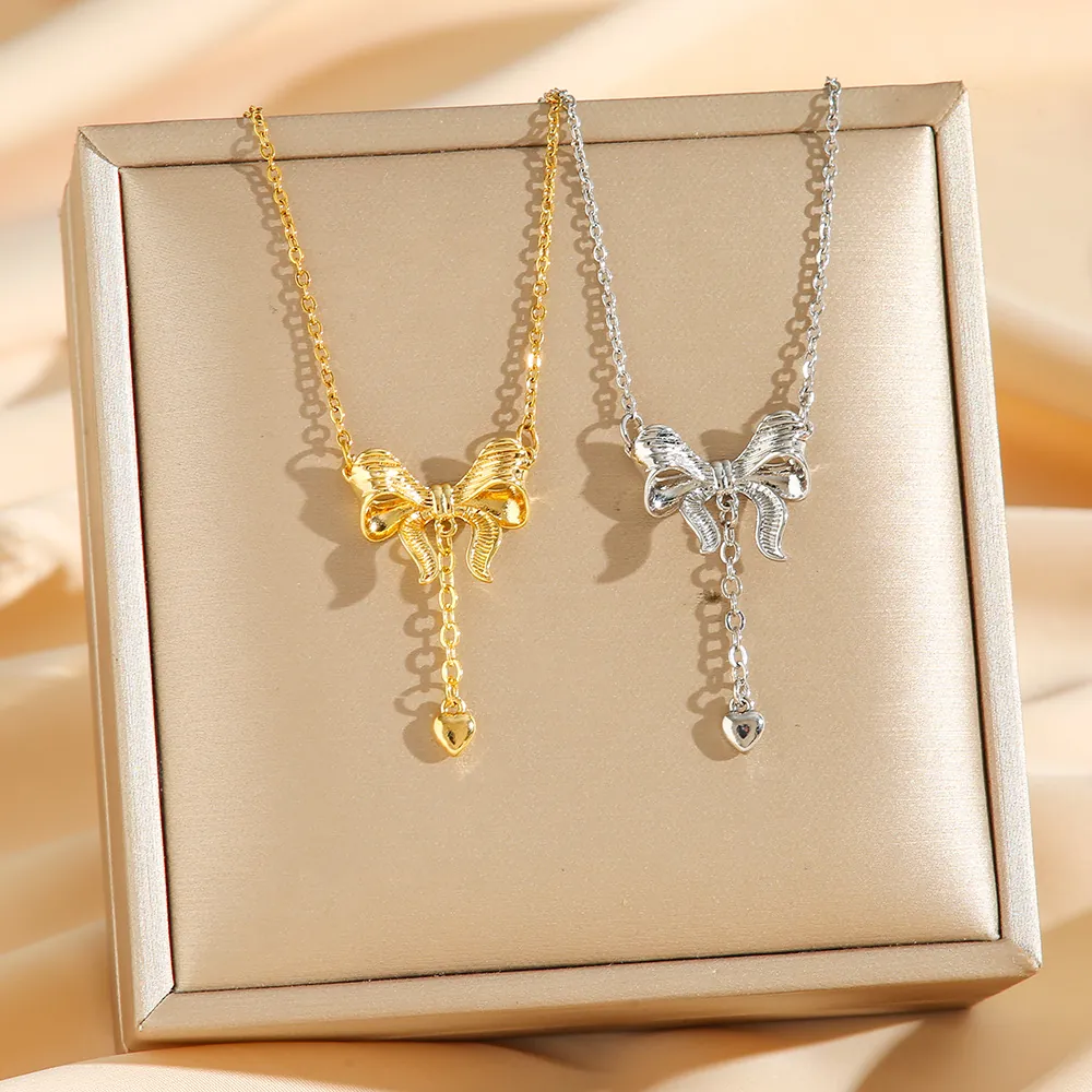 Schleife Herz Anhänger Halskette Edelstahl Schlüsselbein Kette Vintage Elegant Schmuck Für Damen