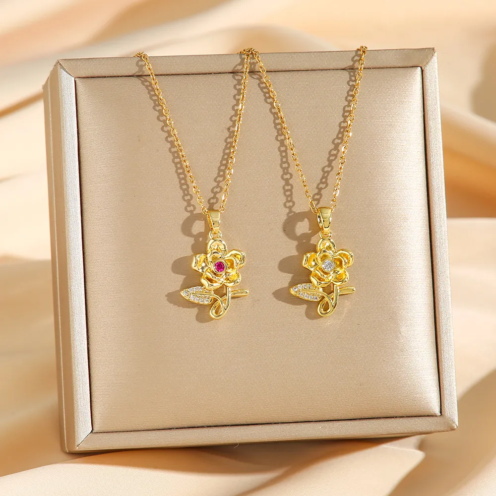 Flower Shape Pendant Necklace Stainless Steel With Rhinestones Dainty Clavicle Chain Elegant Jewelry For Women
