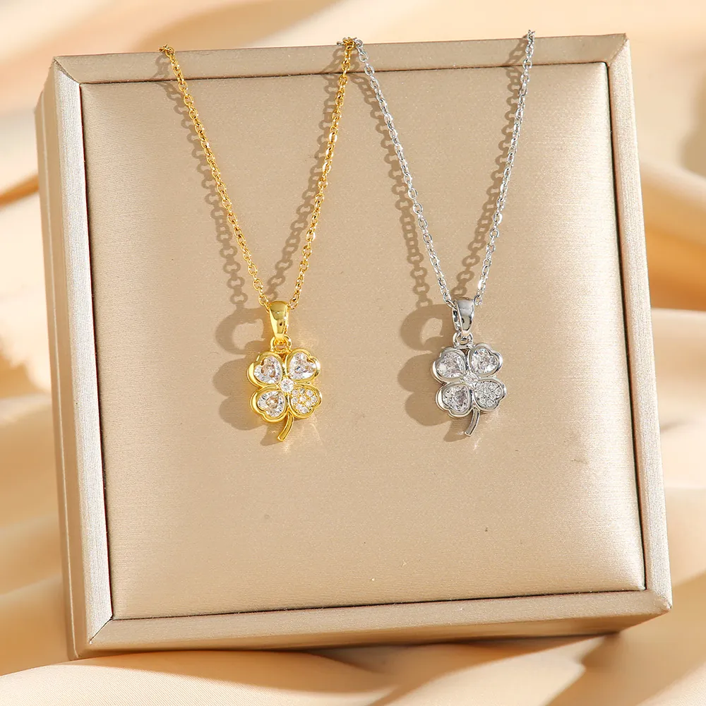 Collier Pendentif Trèfle À Quatre Feuilles Acier Titane Entièrement Serti De Strass Forme De Coeur Bijou Cadeau Femme