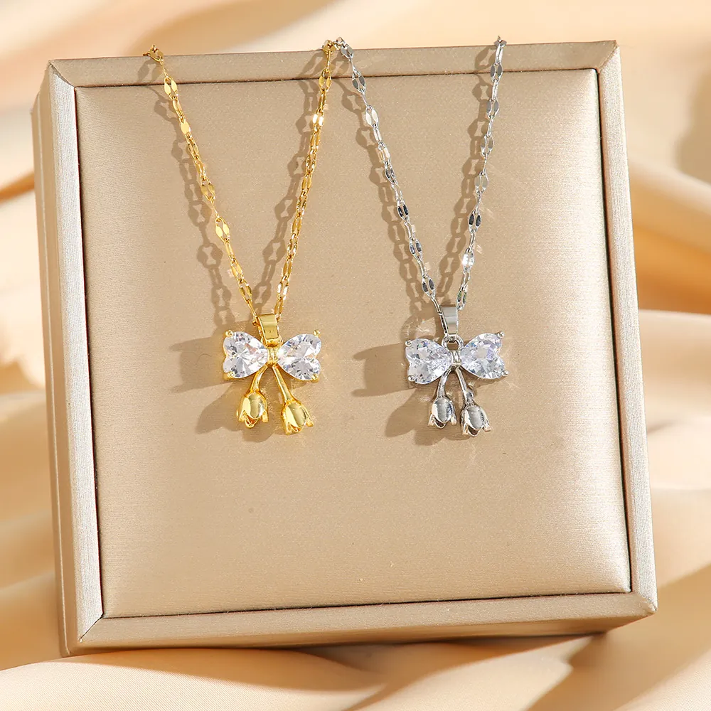 Bowknot Heart Zircon Pendant Necklace Titanium Steel With Rhinestone Tulip Flower Charm Elegant Jewelry For Women