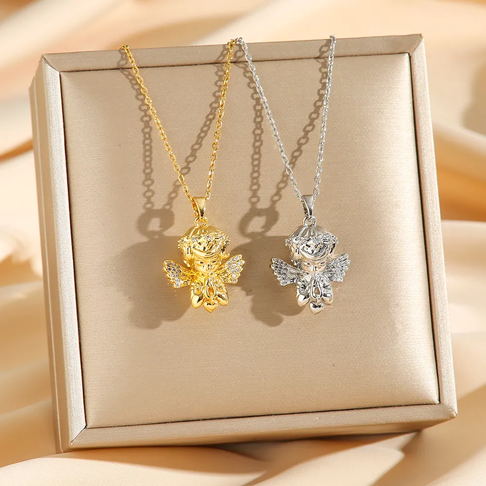 Collier Pendentif Ange Acier Titane Plaqué Or Strass Coeur Ailes Bijoux De Mode Pour Femmes