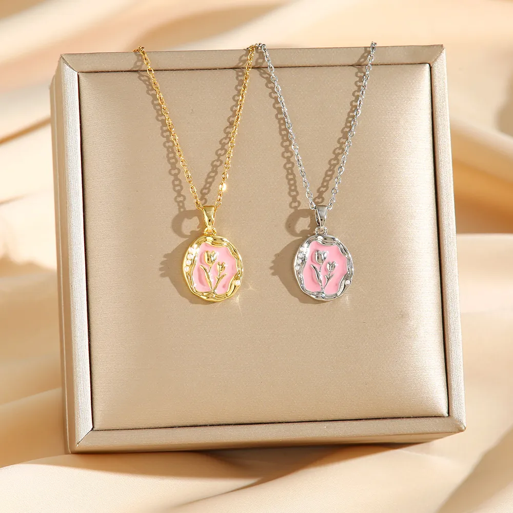 Collier Pendentif Tulipe Acier Inoxydable Strass Émail Peinture À L'huile Vintage Français Bijoux Pour Femme