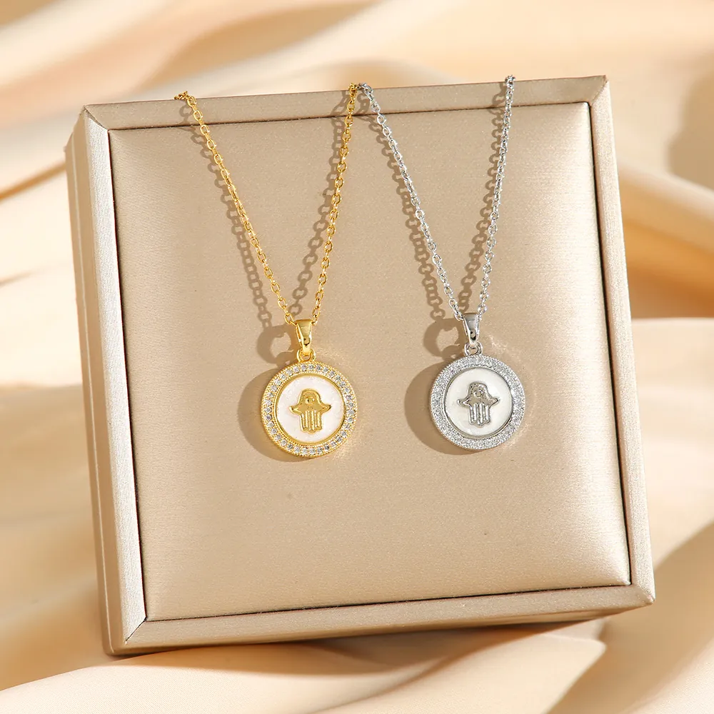 Collier Pendentif Main De Hamsa Rond Zircon Acier Inoxydable Nacre Amulette Bijoux Mode Pour Femmes