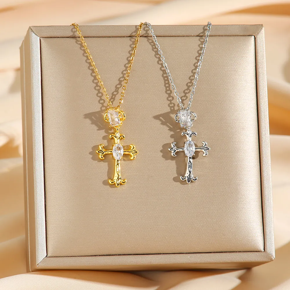Vintage Kreuz Anhänger Halskette Edelstahl Mit Zirkon Strass Barock Stil Mode Schlüsselbein Kette Für Frauen
