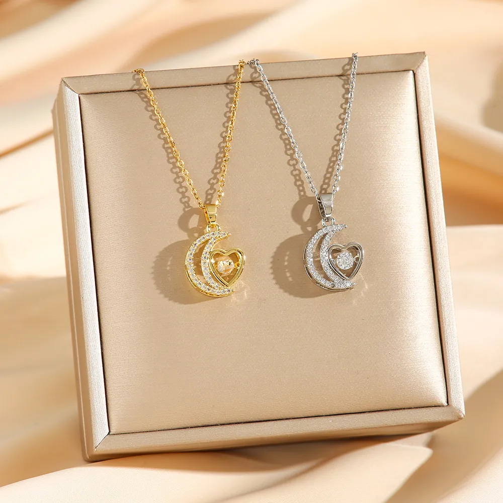 Stainless Steel Moon Heart Pendant Necklace Cubic Zirconia Dancing Heart Korean Style Elegant Jewelry For Women