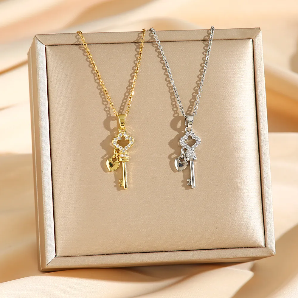 Key Pendant Necklace Titanium Steel Heart Charm Zircon Inlaid Light Luxury Fashion Versatile Jewelry For Women