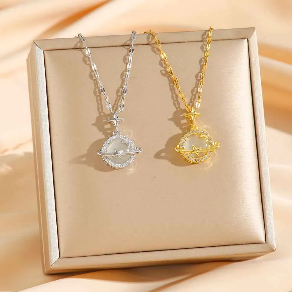 Planet Pendant Necklace Stainless Steel With Cat Eye Stone And Zirconia Star Moon Galaxy Clavicle Chain For Women Jewelry