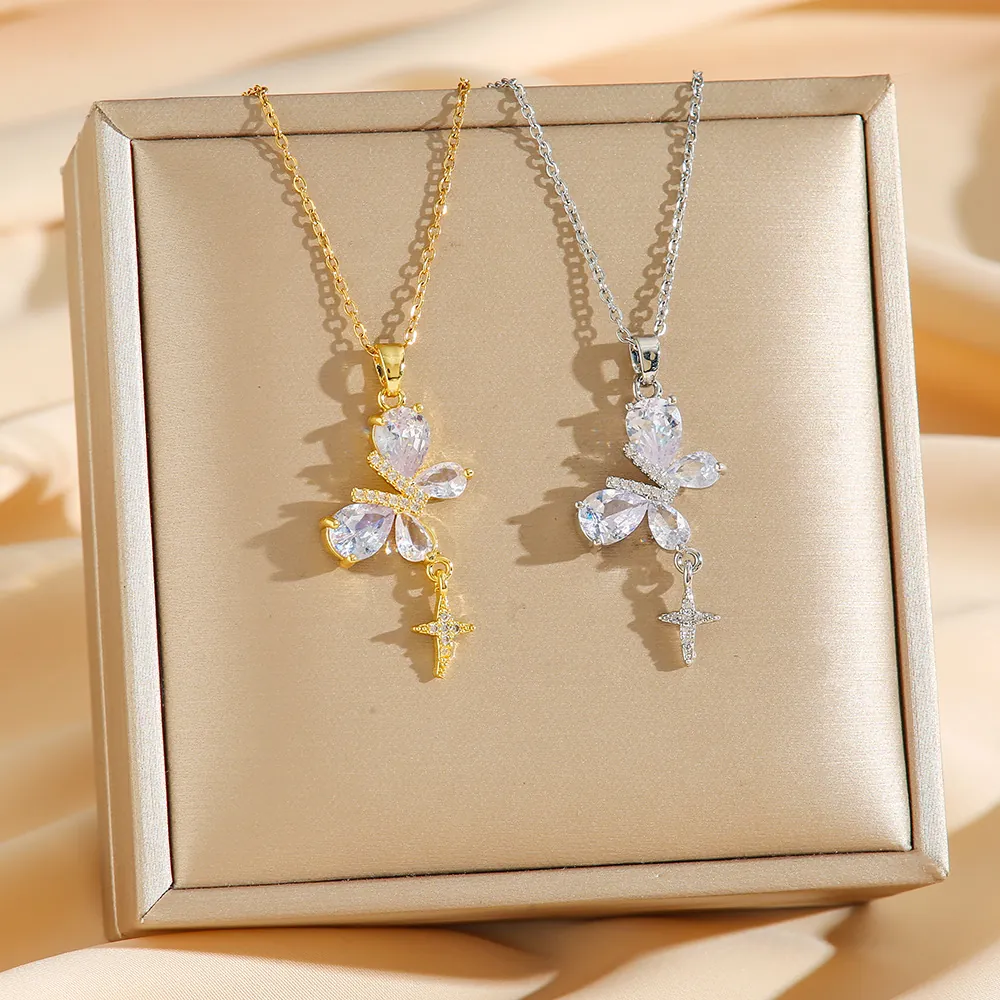 Collier Pendentif Papillon Acier Titane Zirconium Cubique Étincelant Croix Étoile Pendentif Bijoux Mode Élégants Femmes