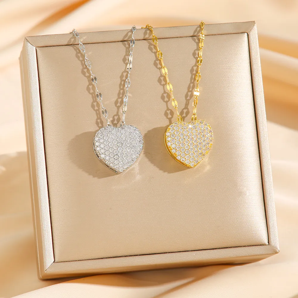Collier Pendentif Coeur En Acier Inoxydable Plein Strass Élégant Luxe Chaîne De Clavicule Bijoux Pour Femmes