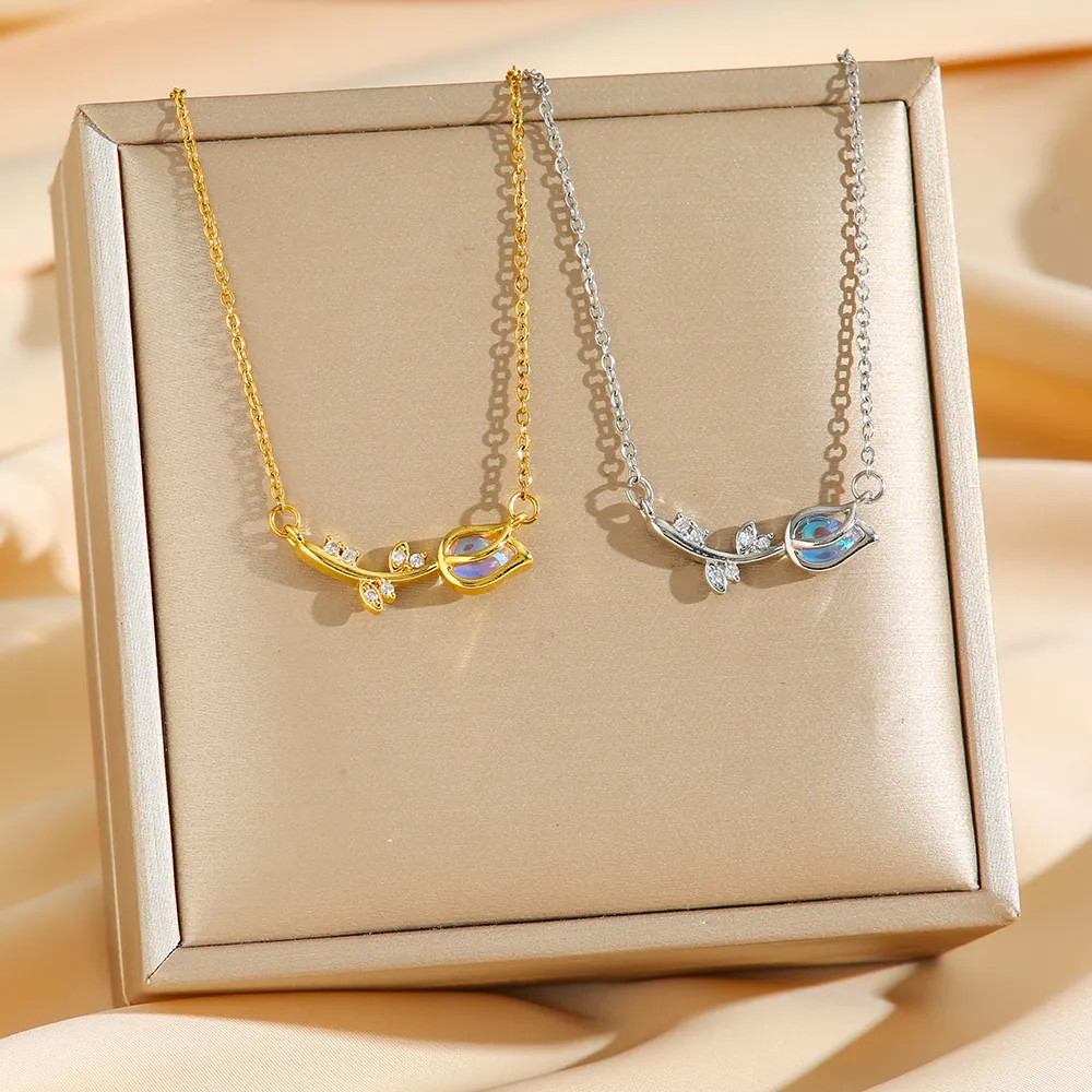 Collier Pendentif Tulipe En Acier Titane Strass Bouton De Fleur Bijoux Pour Femmes Style Doux Élégant