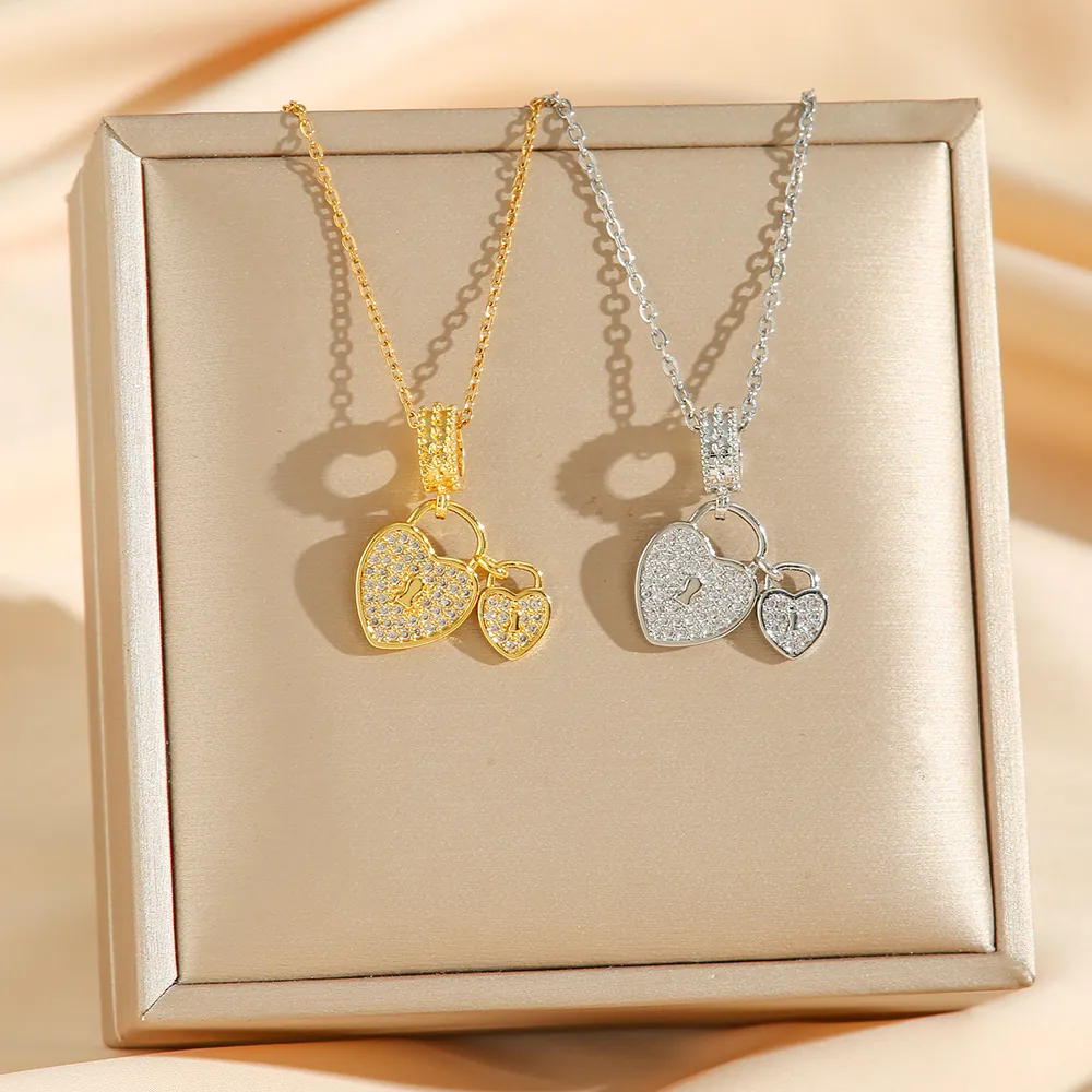 Collier Pendentif Double Cœur Serrure Acier Inoxydable Titane Strass Complet Zirconium Incrusté Chaîne O Bijoux Pour Femmes