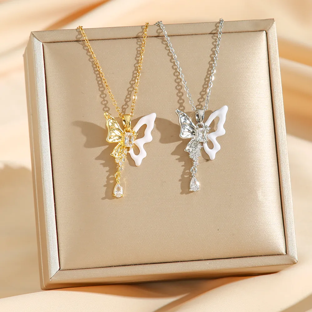 Collier Pendentif Papillon Acier Inoxydable Zircon Émail Asymétrique Gland Chaîne Clavicule Bijoux Mode Élégants Femmes