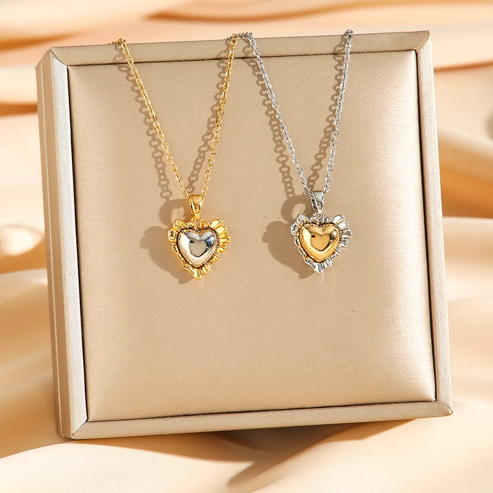 Collana Con Ciondolo A Cuore Acciaio Al Titanio Bicolore Oro Argento Bordo Pieghettato Gioielli Retro Per Donne