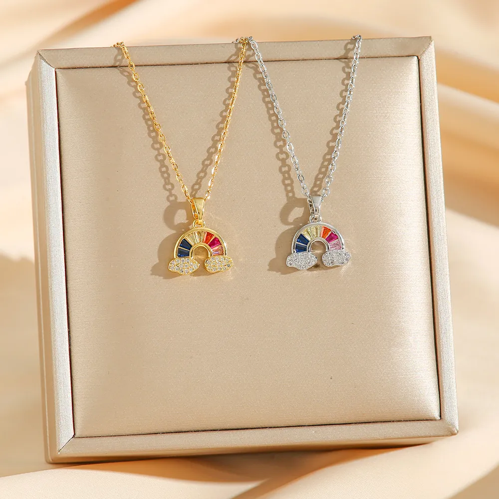 Rainbow Zircon Pendant Necklace Stainless Steel Colorful Cloud Design Light Luxury Fashion Jewelry For Women