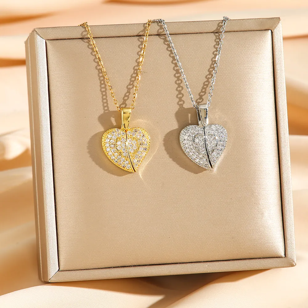 Collier Pendentif Coeur Acier Inoxydable Ailes Ouvrantes Zircon Strass Chaîne Clavicule Bijoux Mode Pour Femmes