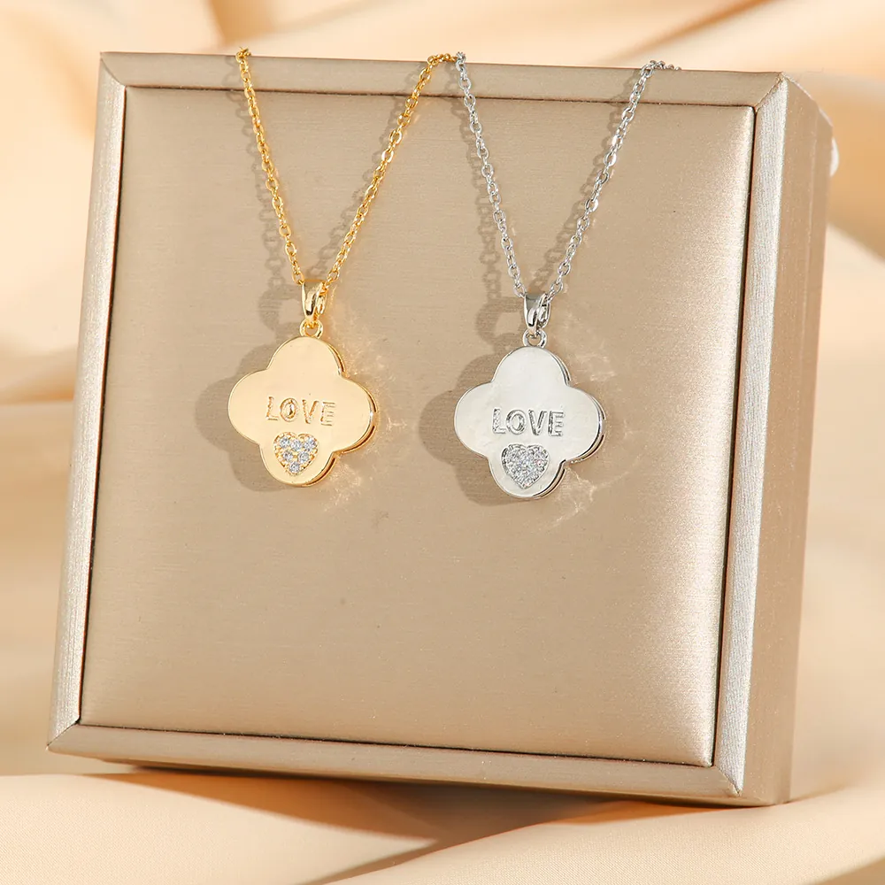 Four Leaf Clover Pendant Necklace Stainless Steel Zircon Heart LOVE Engraved 18K Gold Plated For Women Clavicle Chain