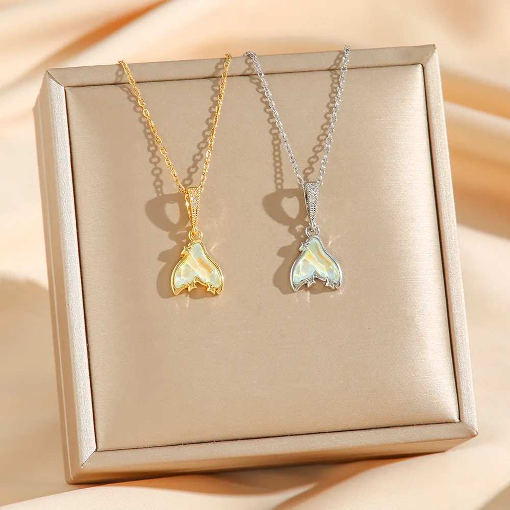 Collier Pendentif Queue De Poisson Acier Titane Strass Incrustation Coquille Aurora Bijoux Mode Femme