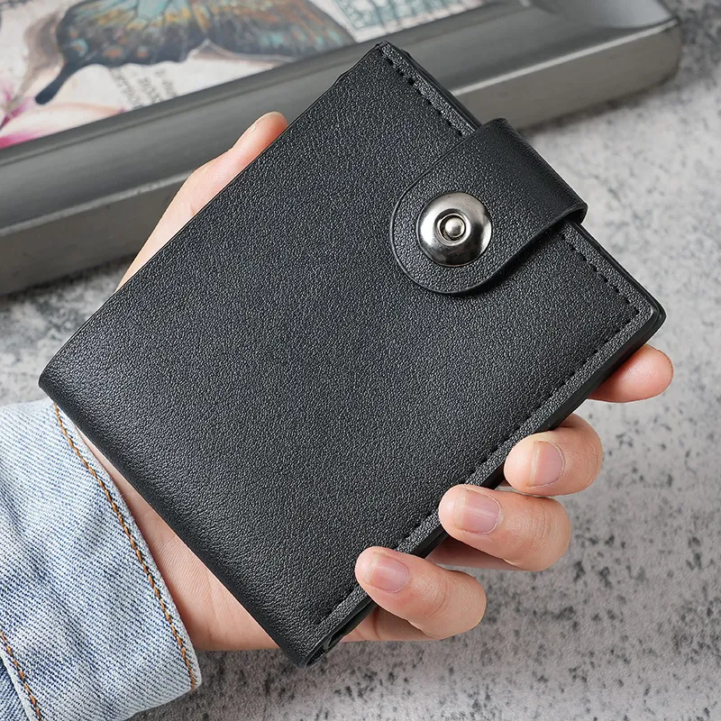 Men Bifold Wallet PU Leather Litchi Texture Snap Button Short Card Holder Purse Business Casual
