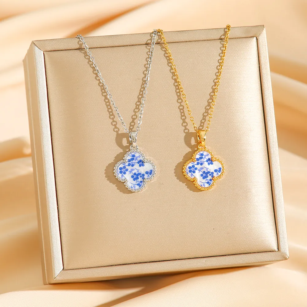 Four Leaf Clover Pendant Necklace Titanium Steel Blue Floral Porcelain Pattern Elegant Jewelry For Women