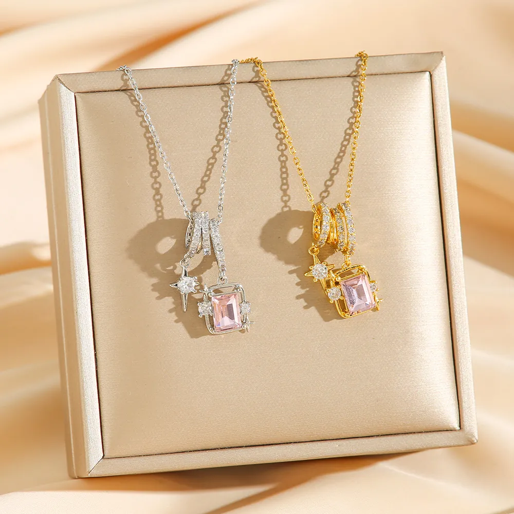 Collana Con Ciondolo A Stella E Pietra Rosa Quadrata Acciaio Inossidabile Zircone Catena Da Clavicola Donna