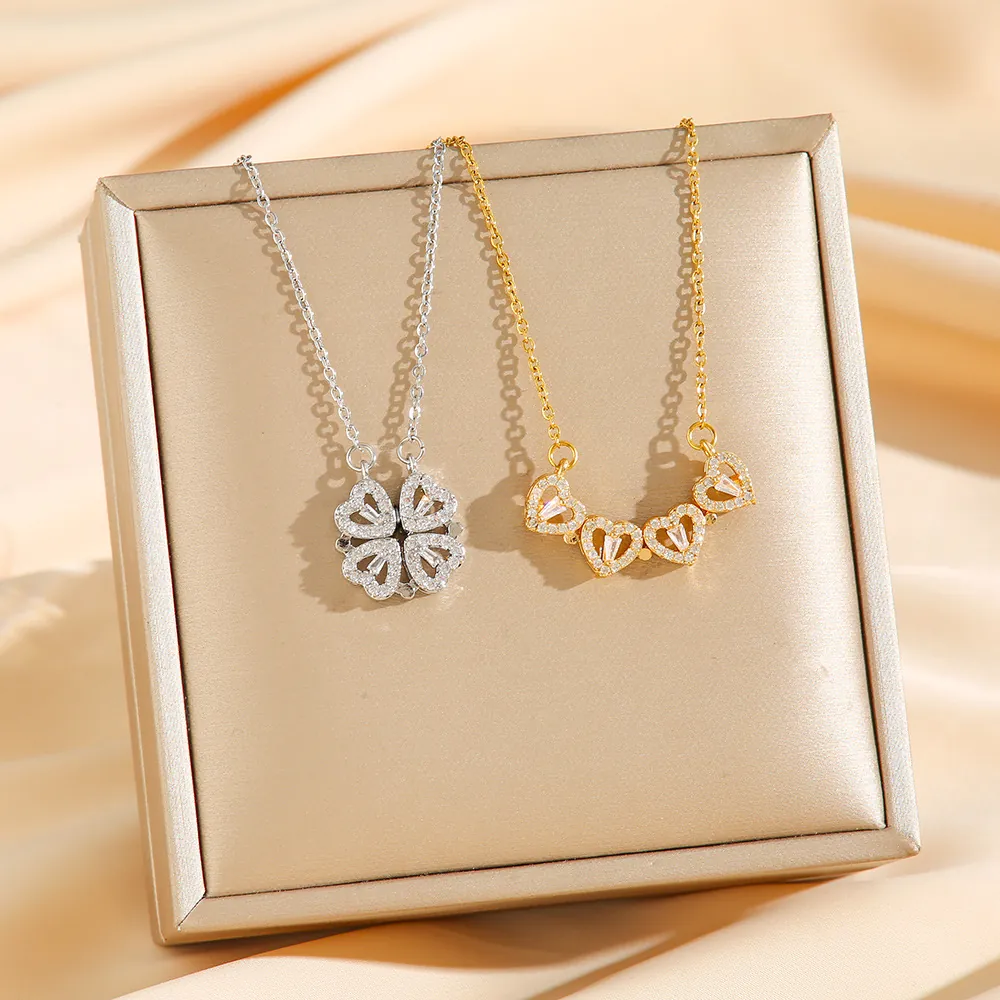 Collier Magnétique Pliable Trèfle À Quatre Feuilles Cœur En Acier Inoxydable Avec Strass Bijoux Pour Femmes
