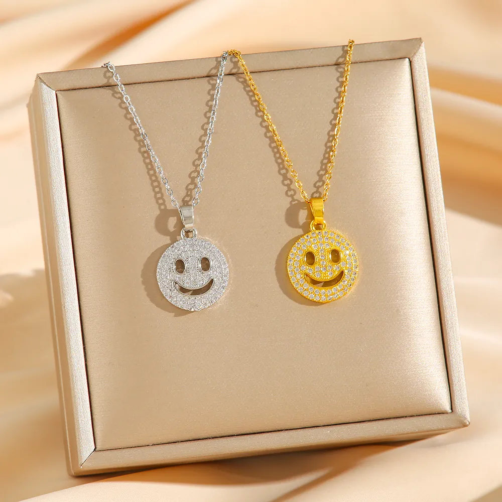 Smiley Face Pendant Necklace Stainless Steel Rhinestone Inlaid Hip Hop Personalized Fashion Jewelry For Women