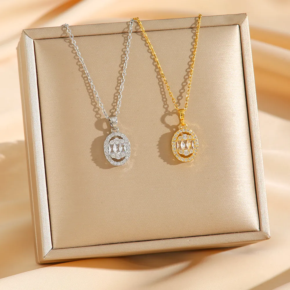 Oval Zircon Pendant Necklace Stainless Steel Emerald Cut Geometric Rhinestone Minimalist Jewelry For Women