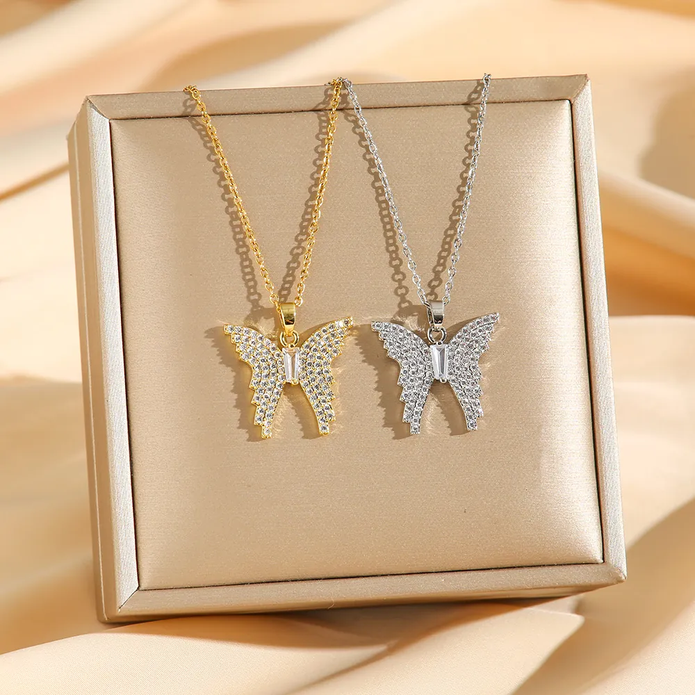 Butterfly Pendant Necklace Stainless Steel Full Zirconia Inlay Sweet Light Luxury Jewelry For Women
