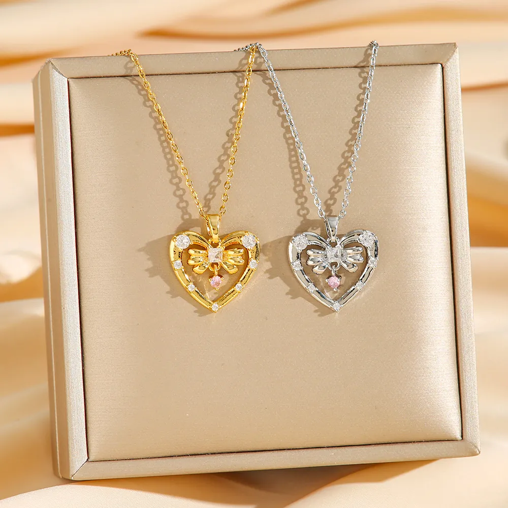 Titanium Steel Heart Pendant Necklace Pink Zircon Hollow Bow Design Elegant Sweet Jewelry For Women