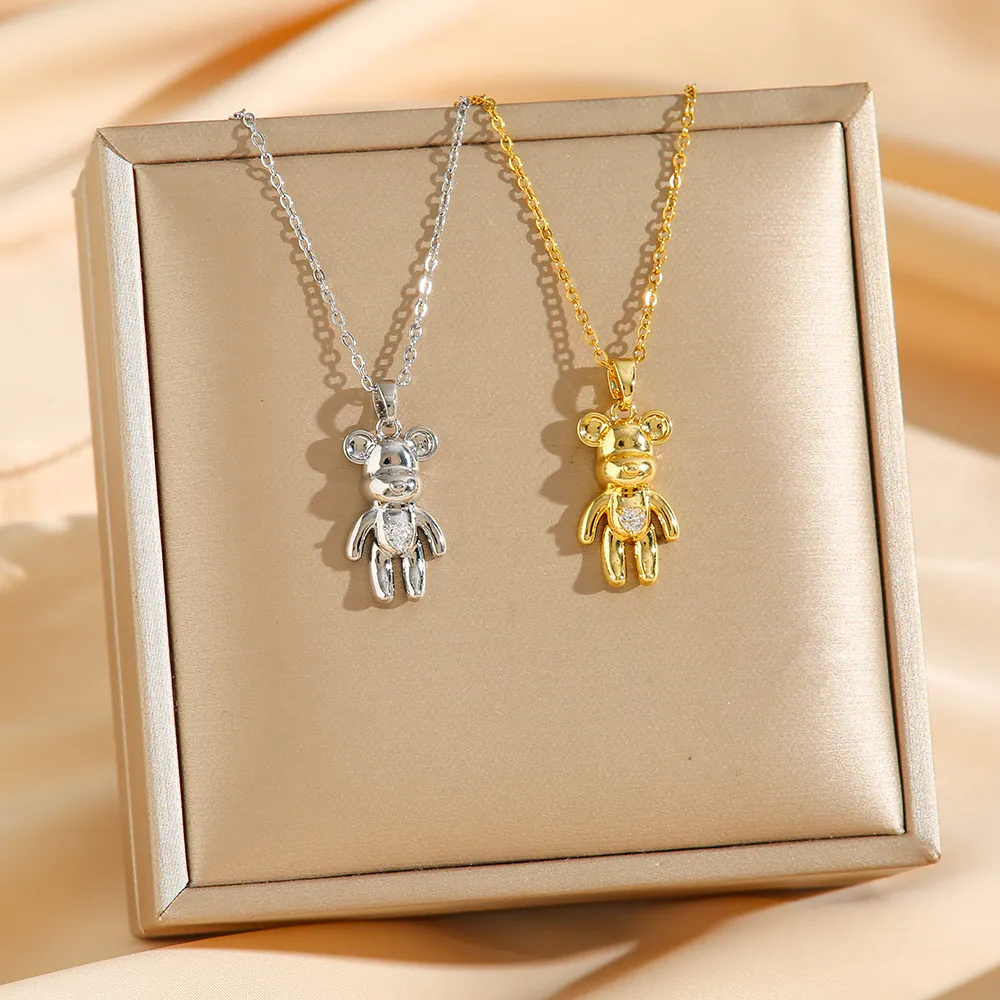 Simpatica Collana Con Ciondolo A Orsetto 3D In Acciaio Al Titanio Con Pietra In Zircone Scintillante Gioielli Di Moda Per Donne Ragazze