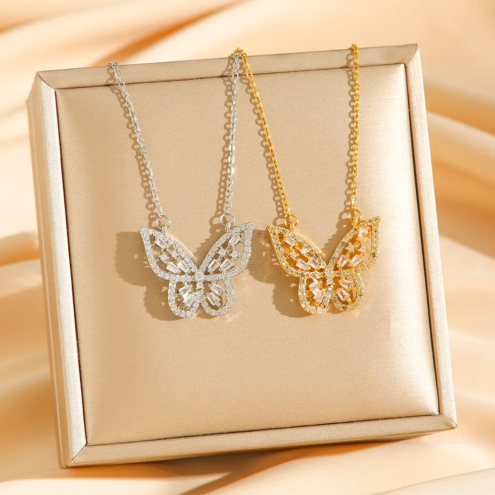 Schmetterling Anhänger Halskette Titanstahl Hohl Zirkonia Mikro Pave Elegante Halsband Mode Schmuck Für Damen