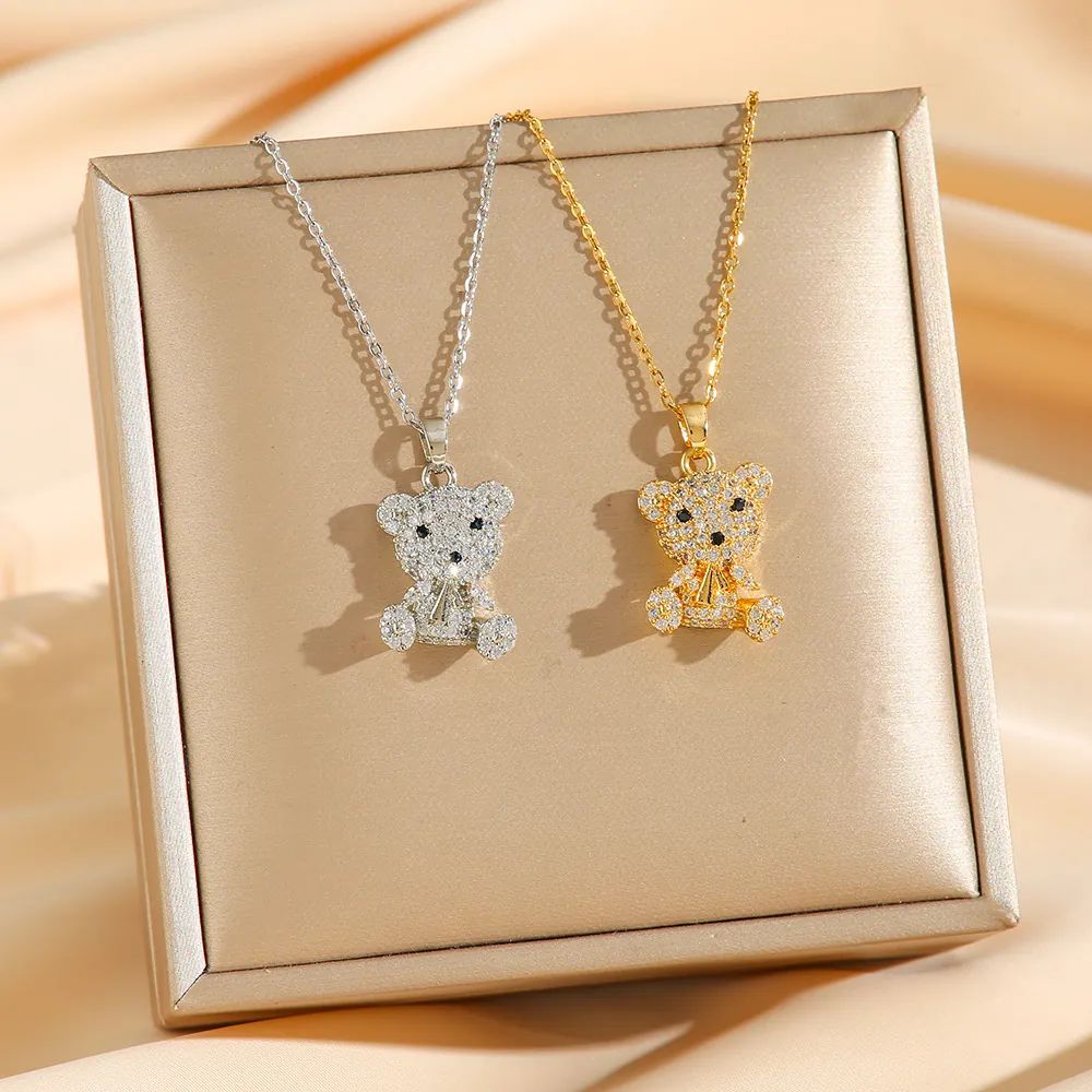 Collier Pendentif Ours 3D En Acier Inoxydable Élégant Délicat Avec Strass Incrusté Chaîne Ras Du Cou Bijoux Pour Femmes