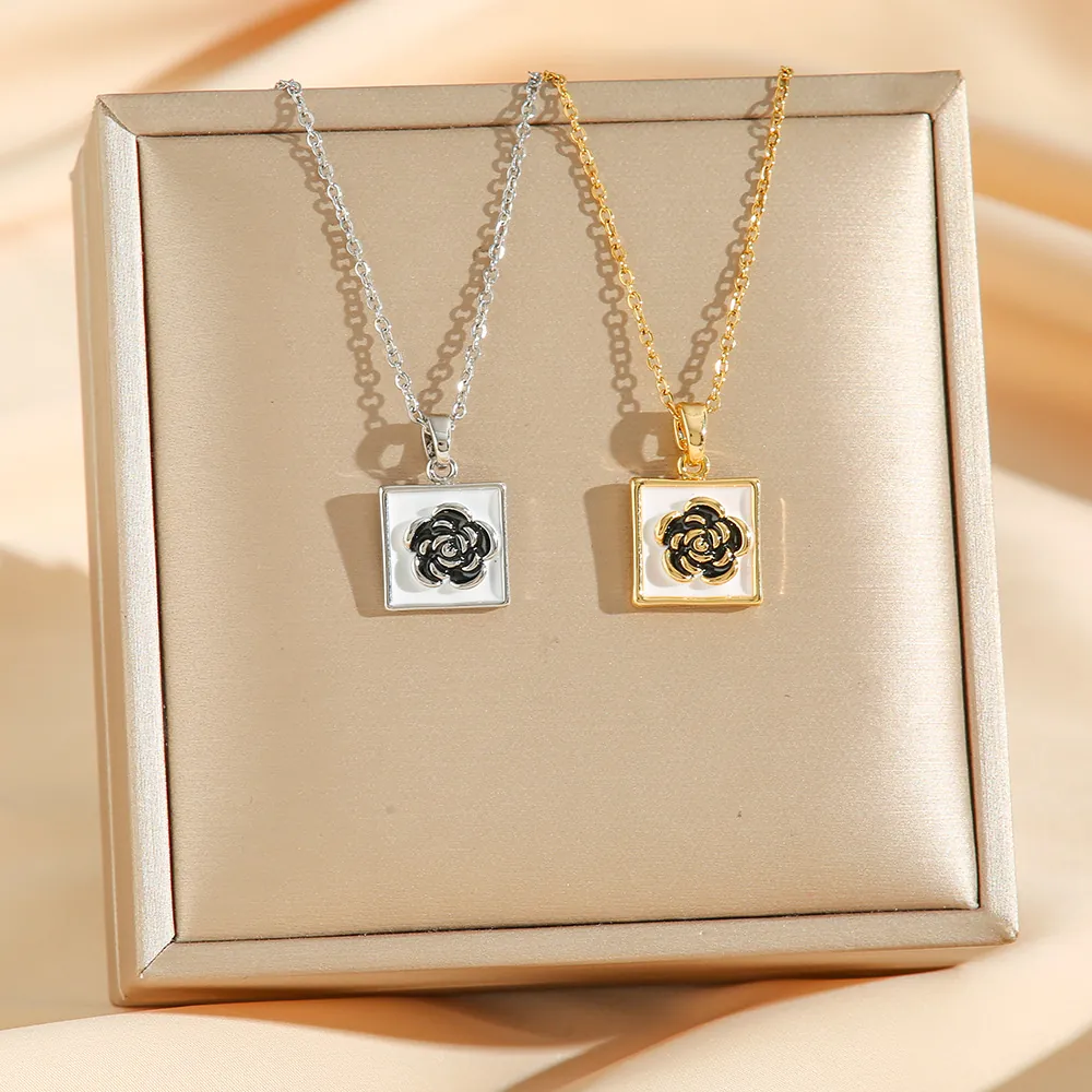 Camellia Flower Pendant Necklace Stainless Steel Enamel Square Floral Clavicle Chain Vintage Elegant Jewelry For Women