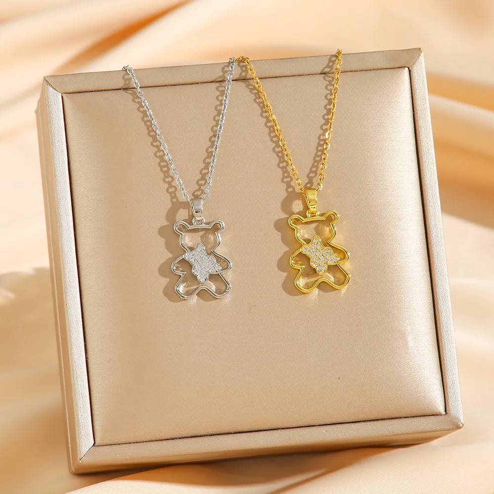 Collier Pendentif Ours Creux Acier Inoxydable Avec Strass Bijoux Mode Élégant Pour Femme
